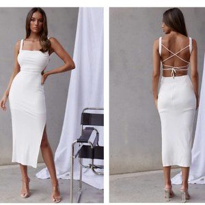 SELFIE LESLIE DREAM CRUSH LACE-UP BACK SIDE SPLIT MIDI DRESS WHITE